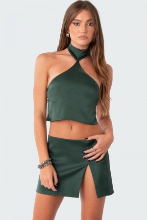 Edikted Daina Satin Open-Back Crop Tops Black | USA WH903180F4