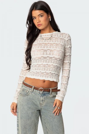Edikted Daisey Textured Sheer Lace Long Sleeve Tops Cream | USA CT556795J1
