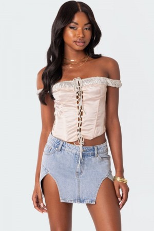 Edikted Damsel Off Shoulder Lace Up Satin Corset Cream | USA NF166536E0