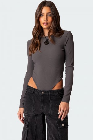 Edikted Dance Academy Open Back Bodysuit Long Sleeve Tops Dark Gray | USA QE145874Q0