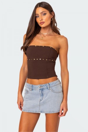 Edikted Darcy Studded Lace Up Corset Brown | USA LM043294O3