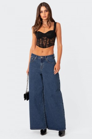 Edikted Davina Lace Corset Crop Tops Black | USA CV978587H6