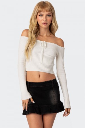 Edikted Dawna Tie Front Knit Long Sleeve Tops Cream | USA YW892589T7
