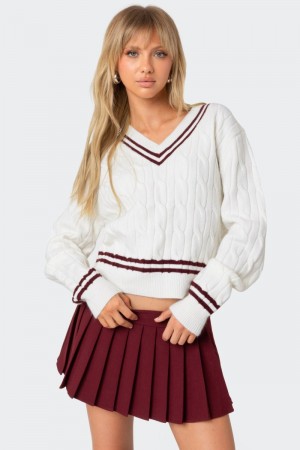 Edikted Dean V Neck Cable Knit Sweater Cream | USA WE666096C1