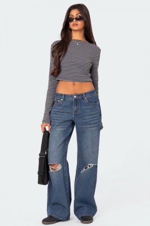 Edikted Debbie Distressed Low Rise Jeans Black | USA JH806620M8