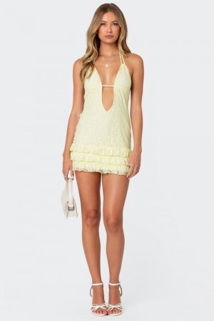 Edikted Debby Backless Lace Mini Dress Yellow | USA BP392269U4