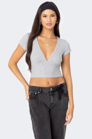 Edikted Deep V Neck Crop Tops Gray Melange | USA CX904830K9