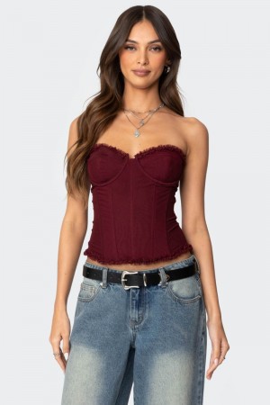 Edikted Deirdre Mesh Lace Up Corset Strapless Tops Burgundy | USA RI931823U3