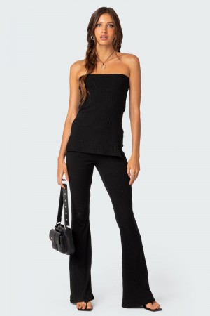 Edikted Dekota Ribbed Flared Pants Black | USA NX000400C1