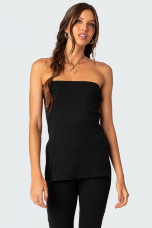 Edikted Dekota Slit Ribbed Strapless Tops Black | USA MY532243A6