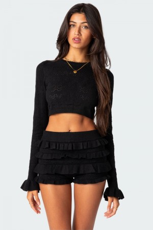 Edikted Delana Embroidered Knit Crop Long Sleeve Tops Black | USA QQ319731K7