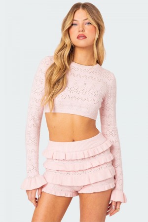 Edikted Delana Embroidered Knit Crop Long Sleeve Tops Black | USA YE327492N5