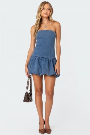 Edikted Denim Bubble Skirt Mini Dress Blue Washed | USA KI105940T1