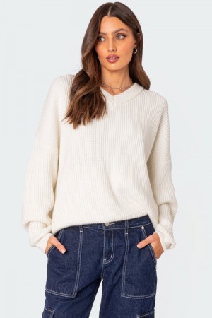 Edikted Denny Oversized V Neck Sweater Long Sleeve Tops White | USA LQ683528O1