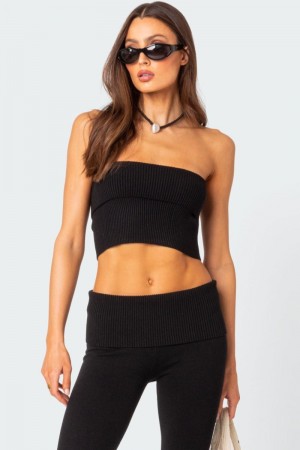 Edikted Desiree Fold Over Knit Tube Crop Tops Black | USA DP968226A4
