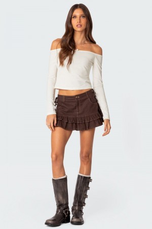 Edikted Dev Ruffle Linen Look Mini Skirts Brown | USA EY941094P8