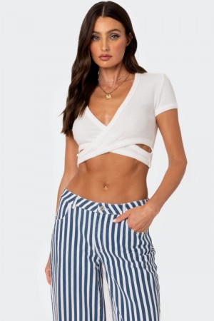 Edikted Dez Crisscross Waffle Crop Tops White | USA SW321962U6