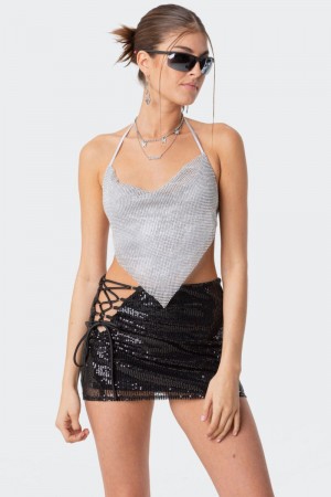 Edikted Diamond Rhinestone Cowl Necktop Crop Tops Silver | USA KY367566H5