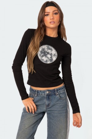 Edikted Disco Girl Long Sleeve T Shirt Graphic Tops Black | USA FK000210P4