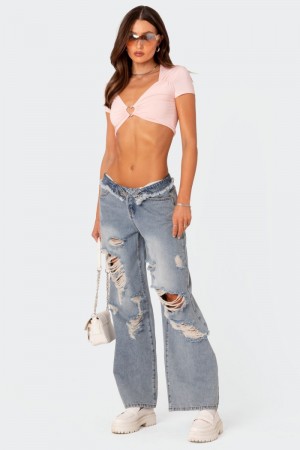 Edikted Distressed Fold Over Boyfriend Jeans Light Blue | USA TG181518A9