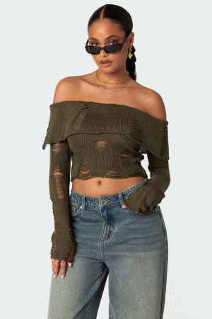 Edikted Distressed Fold Over Sweater Knitted Tops Olive | USA XQ383388O4
