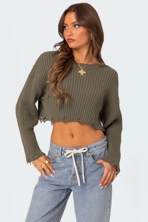 Edikted Distressed Hem Oversized Cropped Sweater Crop Tops Olive | USA GP781408S1