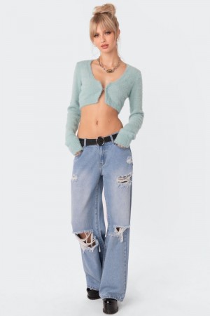 Edikted Distressed Low Rise Boyfriend Jeans Light Blue | USA LV640104S3