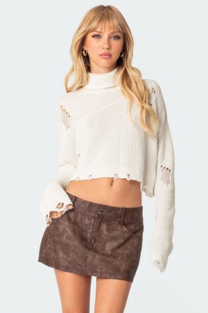 Edikted Distressed Turtle Neck Cropped Sweater Crop Tops Cream | USA FP324782Y4