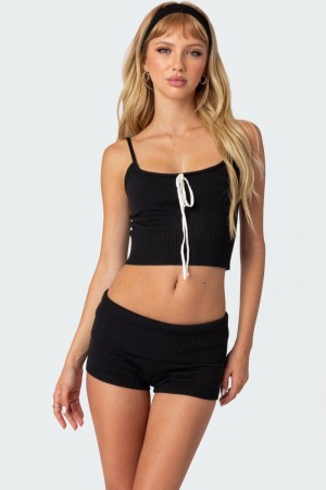 Edikted Don Tie Front Tank Knitted Tops Black | USA QW676207V0