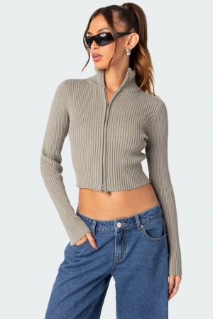 Edikted Double Zip Up Cardigan Sage | USA OL487558U0
