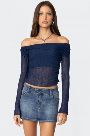 Edikted Drawstring Fold Over Sheer Long Sleeve Tops Navy | USA YL116811I4