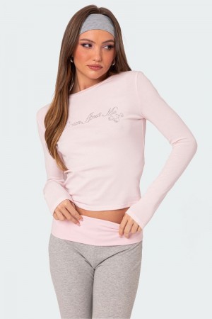Edikted Dream About Me Rhinestone Graphic Tops Light Pink | USA EI200160P7