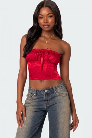 Edikted Elaine Satin Corset Crop Tops Red | USA RB167266U3