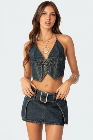 Edikted Elara Washed Denim Lace Up Corset Blue | USA YY638583T9