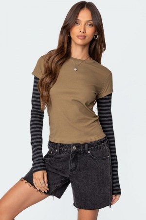 Edikted Eliana Layered Long Sleeve T Shirts Olive | USA YH075967X0