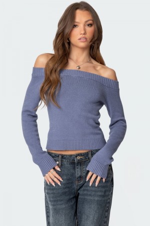 Edikted Elona Off Shoulder Knit Long Sleeve Tops Blue | USA XW816261O3