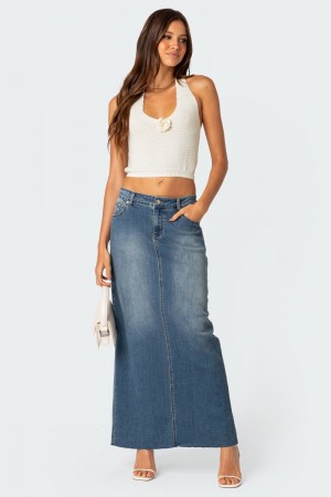 Edikted Elowyn Slitted Denim Maxi Skirts Blue | USA CZ954325X2