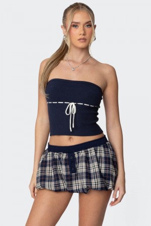 Edikted Elsie Knitted Tie Tube Strapless Tops Navy | USA EA211771H0