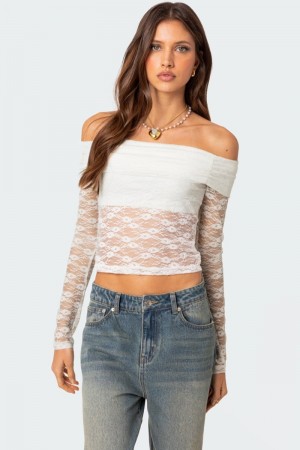 Edikted Elysia Fold Over Sheer Lace Long Sleeve Tops Black | USA NH995269T3