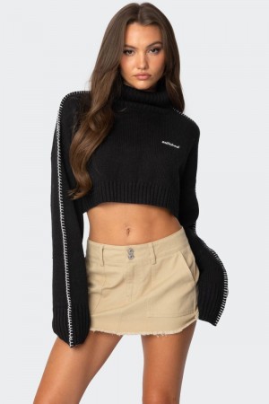 Edikted Embroidered Edge Cropped Turtle Neck Sweater Black | USA ZD663326E9