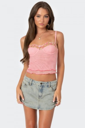 Edikted Embroidered Mesh Bra Tank Top Pink | USA KR210831R1