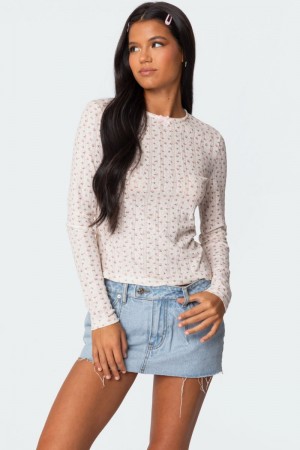 Edikted Emery Printed Pointelle Long Sleeve Tops Cream | USA LU465396U8