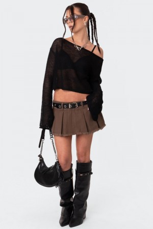 Edikted Emmie Off The Shoulder Sheer Knitted Long Sleeve Tops Beige | USA YC320192P7