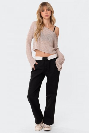 Edikted Emmie Off The Shoulder Sheer Knitted Long Sleeve Tops Beige | USA FV842284M4
