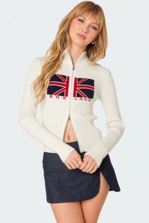 Edikted England Double Zip Cardigan Long Sleeve Tops Cream | USA RF304650W1