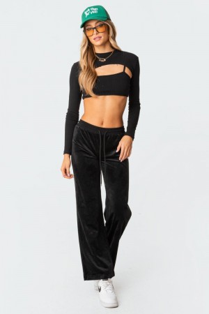 Edikted Erin Low-Rise Velour Sweatpants Pants Black | USA YA498009R3