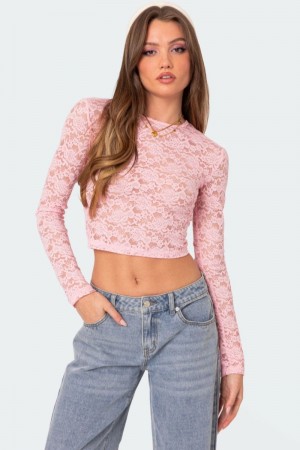 Edikted Estella Sheer Lace Long Sleeve Tops Black | USA SP653765Q3