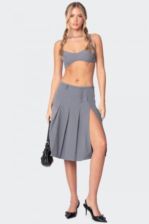 Edikted Ethel Side Slit Pleated Midi Skirts Gray | USA HG171847W8
