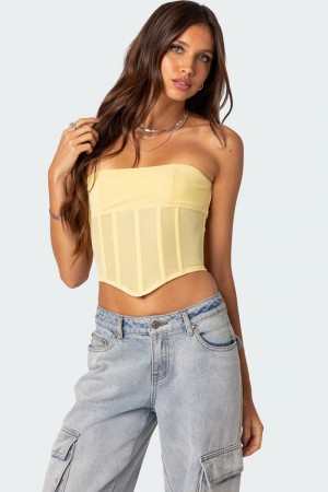 Edikted Evangeline Sheer Mesh Corset Strapless Tops Brown | USA YX786358J0