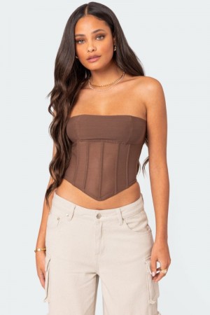 Edikted Evangeline Sheer Mesh Corset Strapless Tops Brown | USA EK706730F3